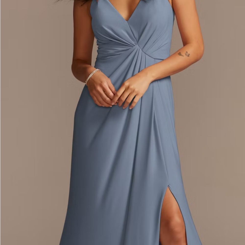 David's Bridal Blue Ruched Maxi Dress Plunge Neckline